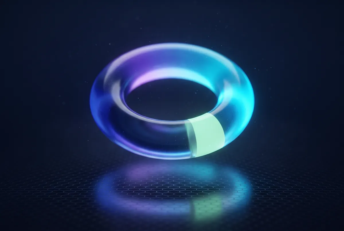 A glowing glass ring split into indigo, violet and cyan segments